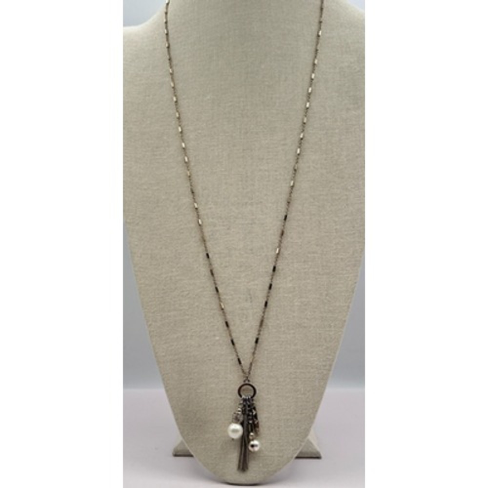 Vintage Y2K Silver Tone Tassel Faux Pearl Rhinestone Pendent Necklace Jewelry